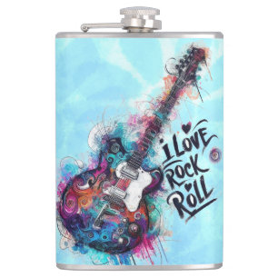 I Love Rock N Roll Electric Guitar Music Art Blue Hip Flask