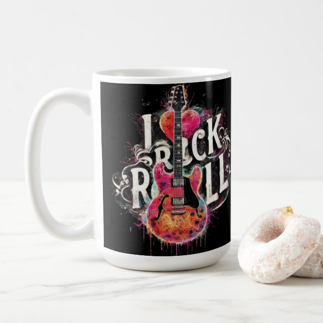 I Love Rock N Roll Electric Guitar Painting Coffee Mug (With Donut)