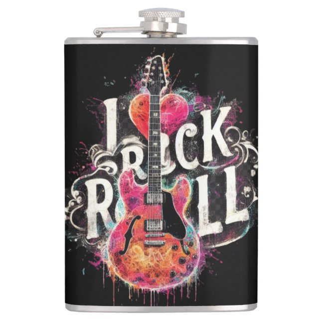 I Love Rock N Roll Electric Guitar Painting Hip Flask (Front)