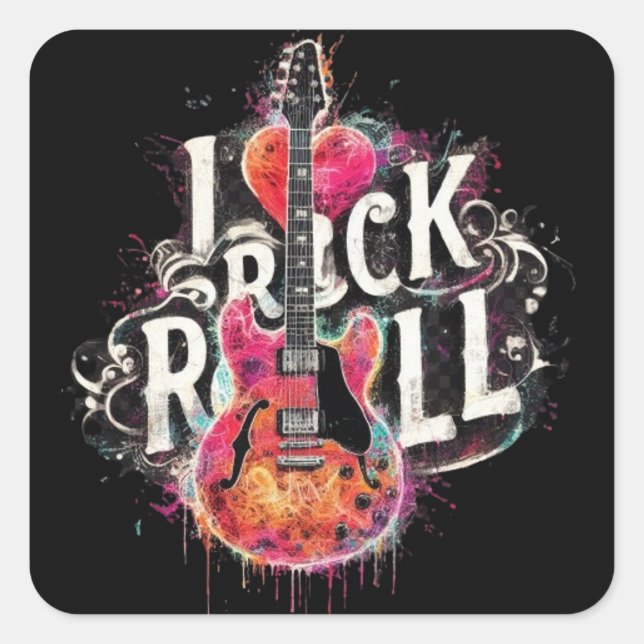 I Love Rock N Roll Electric Guitar Painting Square Sticker (Front)