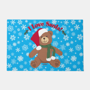 I Love Santa! Christmas Teddy Bear Snowflakes Doormat