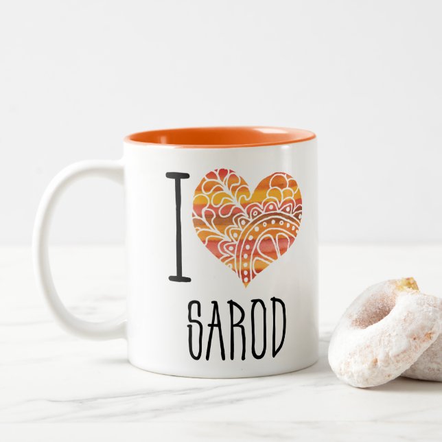I Love Sarod Orange Mandala Heart Two-Tone Coffee Mug (With Donut)
