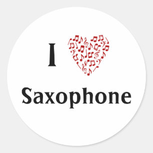 I Love Saxophone Red Heart of Music Notes Classic Round Sticker