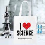 I Love Science Personalised Scientist Atom Model Reusable Grocery Bag<br><div class="desc">Cute I Love Science reusable grocery bag customised with your name. Features an atom model in front of the heart. Perfect geek gift for a science teacher.</div>