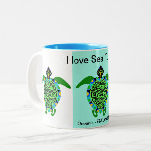 I love Sea TURTLES - Endangered species - Aqua Two-Tone Coffee Mug
