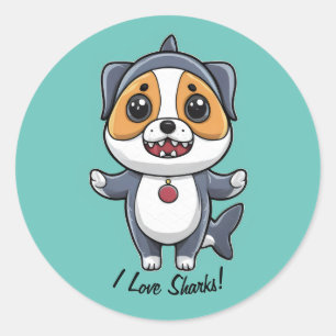I Love Sharks! Personalise Text Puppy in Costume Classic Round Sticker