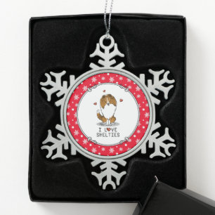 I Love Shelties (sable 2) Shetland Sheepdogs Cute Snowflake Pewter Christmas Ornament