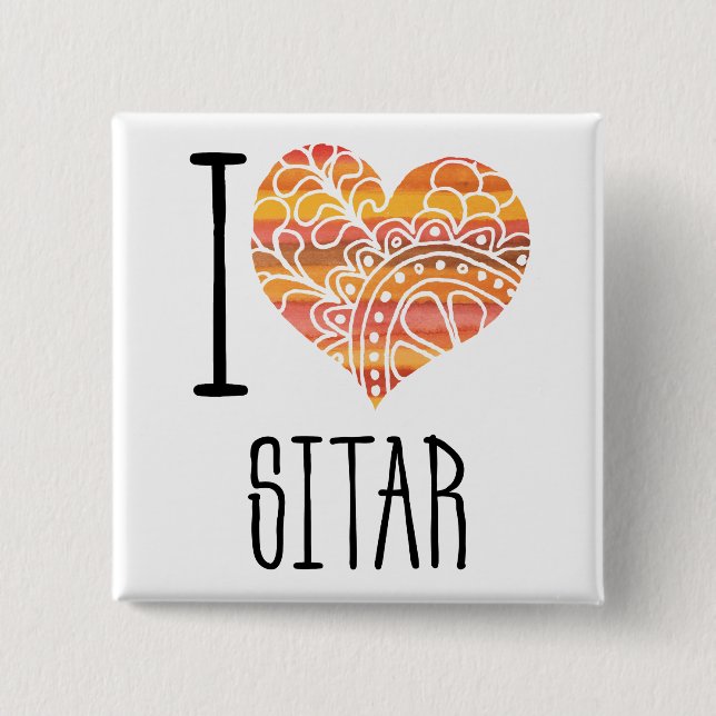 I Love Sitar Orange Mandala Heart 15 Cm Square Badge (Front)