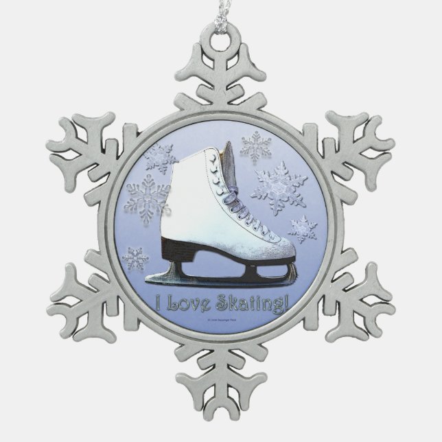 I Love Skating! Snowflake Pewter Christmas Ornament (Front)