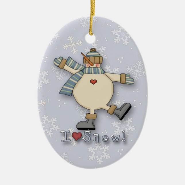 I Love Snow Snowman Ceramic Tree Decoration (Front)