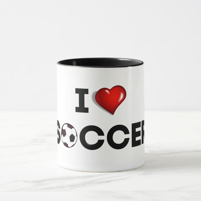 I Love Soccer, black text with red heart Mug (Center)
