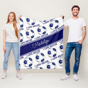 I love soccer text pattern girls blue white fleece blanket