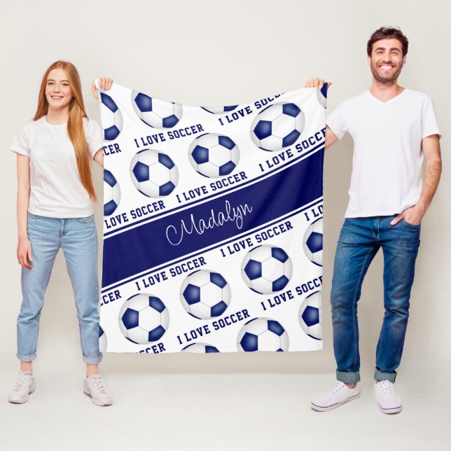 I love soccer text pattern girls blue white fleece blanket (In Situ)
