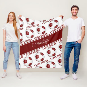 I love soccer text pattern girls maroon white fleece blanket