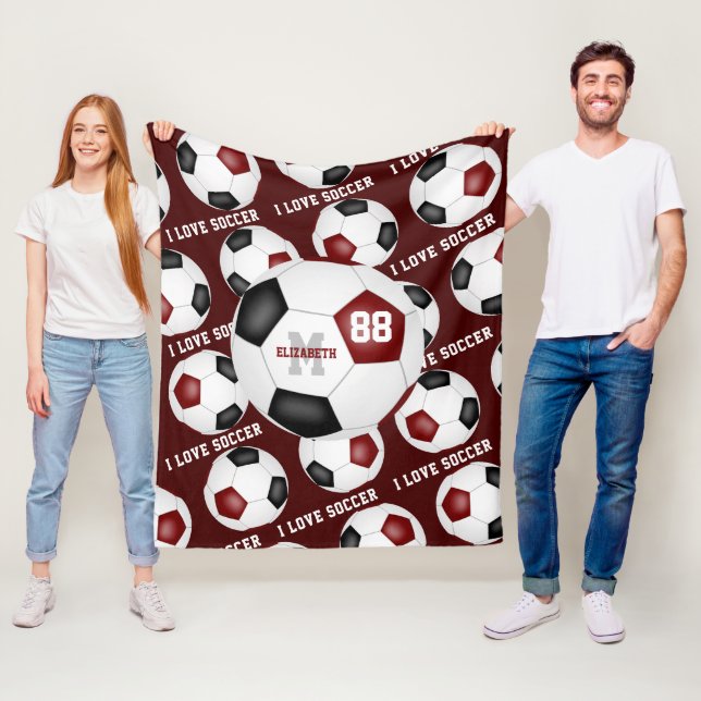 I love soccer text pattern maroon black fleece blanket (In Situ)