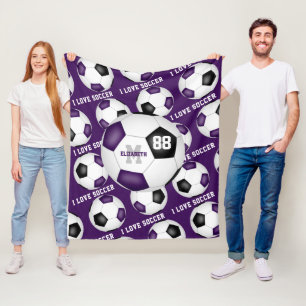I love soccer text pattern purple black fleece blanket