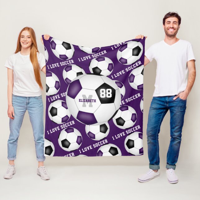 I love soccer text pattern purple black fleece blanket (In Situ)