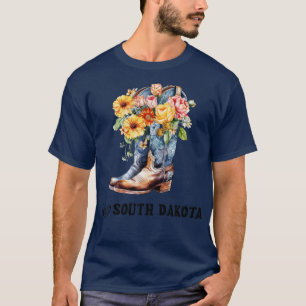 I Love South Dakota Boho Cowboy Boots with Flowers T-Shirt