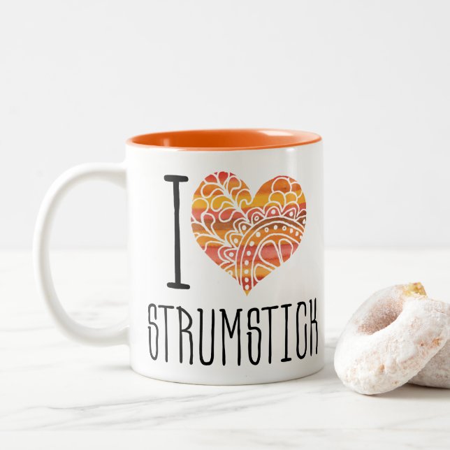 I Love Strumstick Orange Mandala Heart Two-Tone Coffee Mug (With Donut)