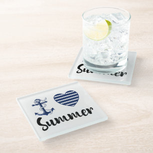 I Love Summer, Anchor And Heart Glass Coaster