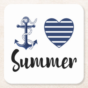 I Love Summer, Anchor And Heart Square Paper Coaster