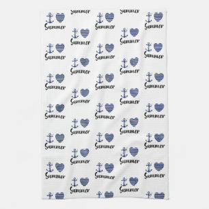 I Love Summer Anchor And Striped Heart Tea Towel