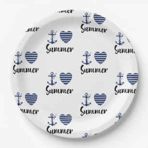 I Love Summer Anchor And Striped Hearts Paper Plate