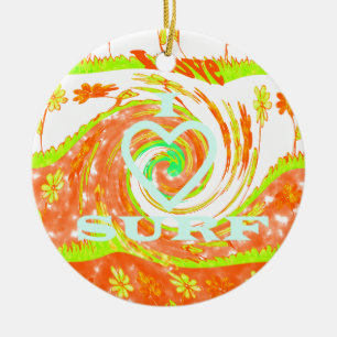 I Love Surf: Beautiful Floral with Cool Text Art  Ceramic Ornament