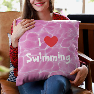 I Love Swimming Red Heart with Pink Pool Water Cushion