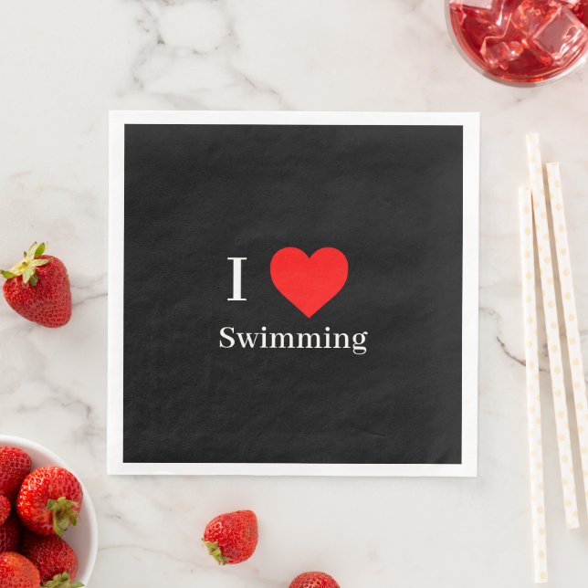 I love Swimming Typography & Red Heart Black Napkin (Insitu)