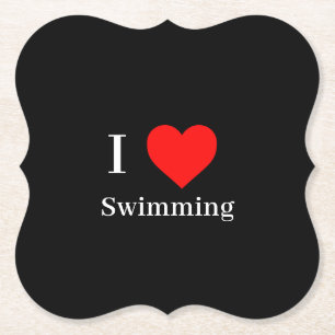 I love Swimming Typography & Red Heart Black Paper Coaster