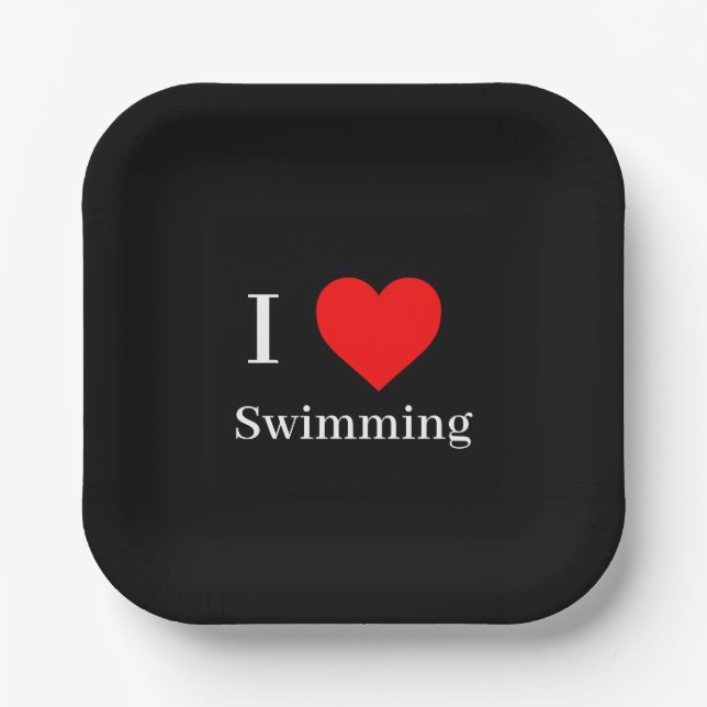 I love Swimming Typography & Red Heart Black Paper Plate (Front)