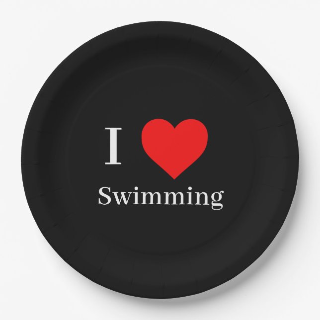 I love Swimming Typography & Red Heart Black Paper Plate (Front)
