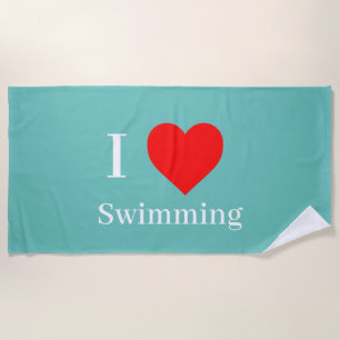 I love Swimming Typography & Red Heart Mint Green Beach Towel