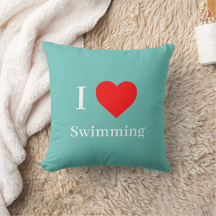I love Swimming Typography & Red Heart Mint Green Cushion