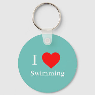 I love Swimming Typography & Red Heart Mint Green Key Ring