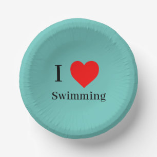 I love Swimming Typography & Red Heart Mint Green Paper Plate