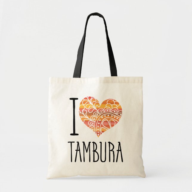I Love Tambura Orange Mandala Heart Tote Bag (Front)