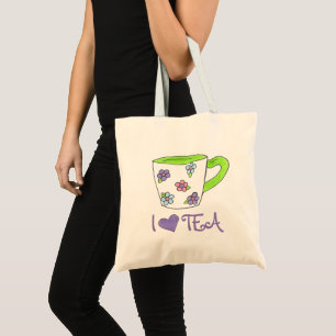 I Love Tea Floral Print Ceramic Teacup Tote Bag
