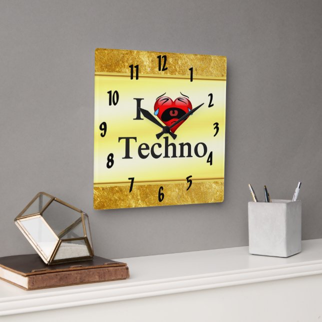 I love techno With a funny red heart singing Square Wall Clock (Office)