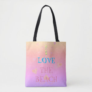 !I love the beach" Beach Heartfilled Sunrise Tote Bag