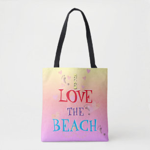 !I love the beach" Beach Heartfilled Sunrise Tote Bag