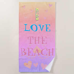 "I love the beach" Beach Sunrise & Hearts Towel