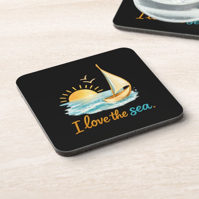 I Love the Sea Sailboat Sunset Ocean Illustration  Coaster (Left Side)