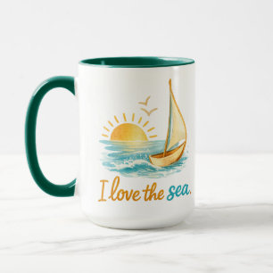 I Love the Sea Sailboat Sunset Ocean Illustration  Mug