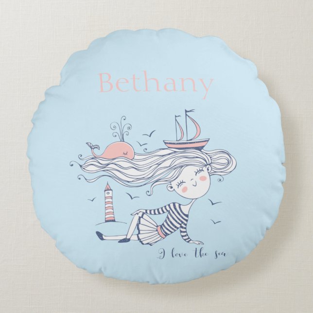 I Love the Sea Whimsical Nautical Personalised  Round Cushion (Front)
