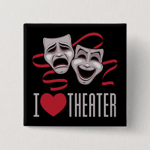 I Love Theatre Comedy And Tragedy Masks 15 Cm Square Badge