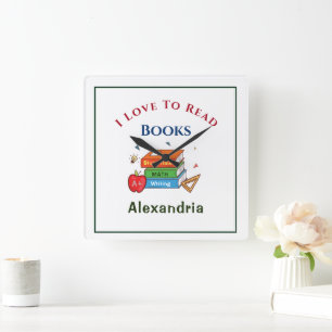 I Love To Read Books Child Student Personalize Square Wall Clock