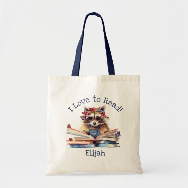 I Love to Read with Cute Baby Racoon Tote Bag (Front)