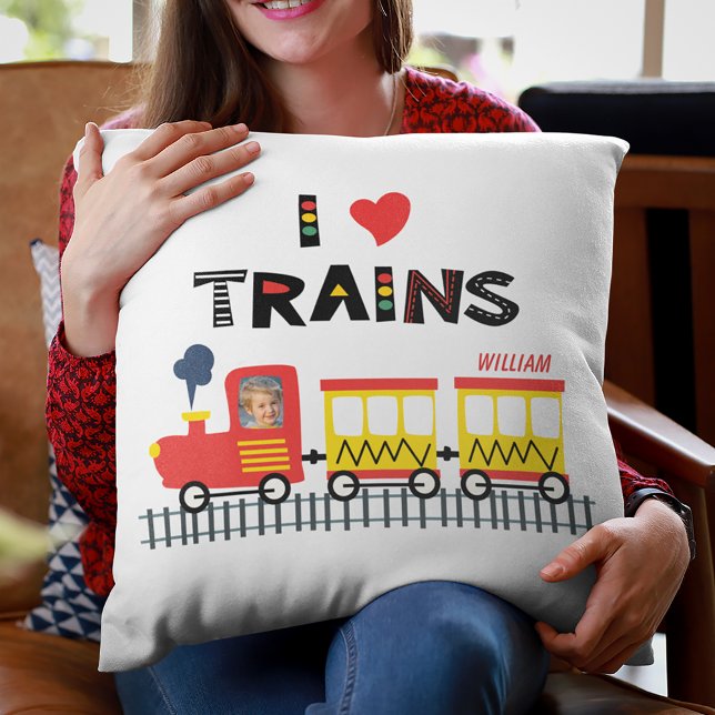 I Love Trains Colourful Kids Photo and Name Cushion (Creator Uploaded)